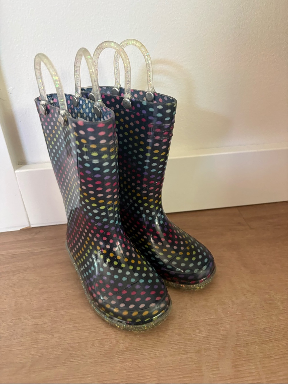 Light Up Western Chief Kids Black Rainbow Polka Dot Rain Boots with Glitter